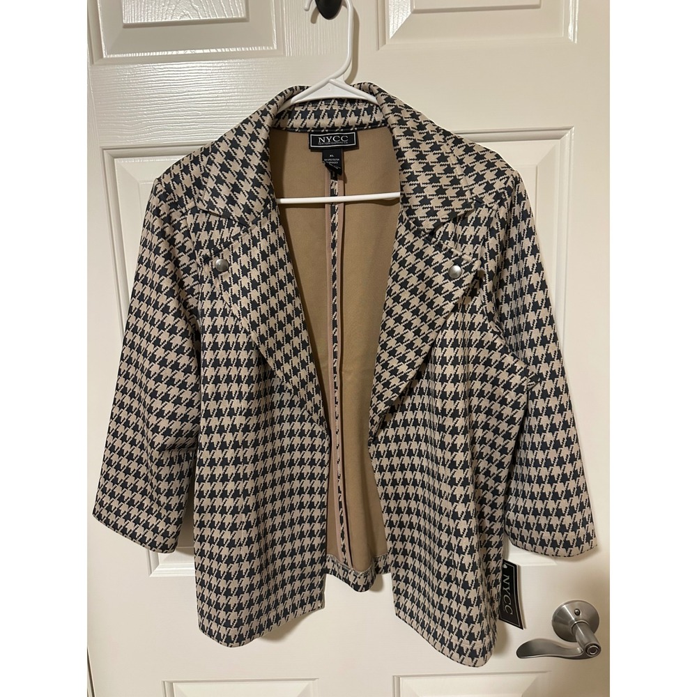 NYCC Jacket Women XL Tan Houndstooth Open Front Moto Style Stretch Blazer